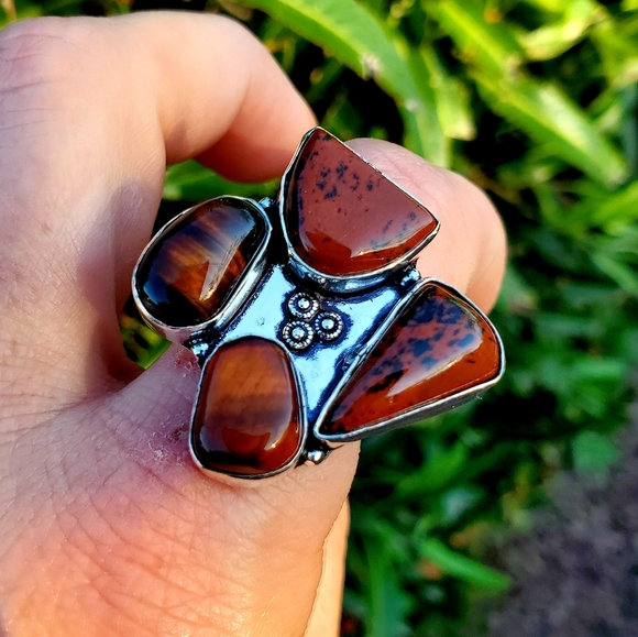 New Tiger Eye & Mahogany Obsidian 925 Silver Ring. - Picture 12 of 15